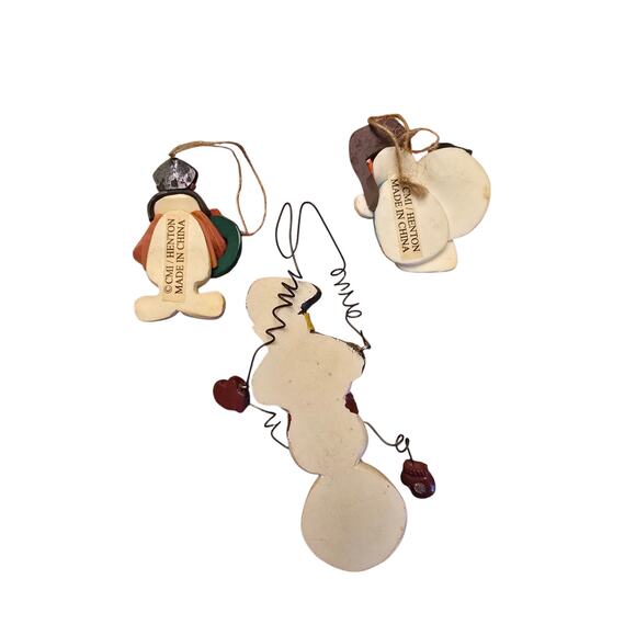 Vintage Henton Snowmen Set of 3 Christmas Ornaments Clay Ceramic - Picture 2 of 6
